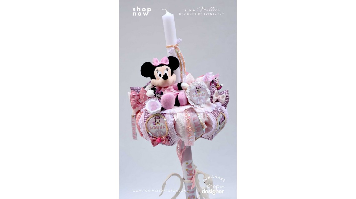 Lumanare cu Minnie Mouse Racer personalizata cu paiete roz si lila 5